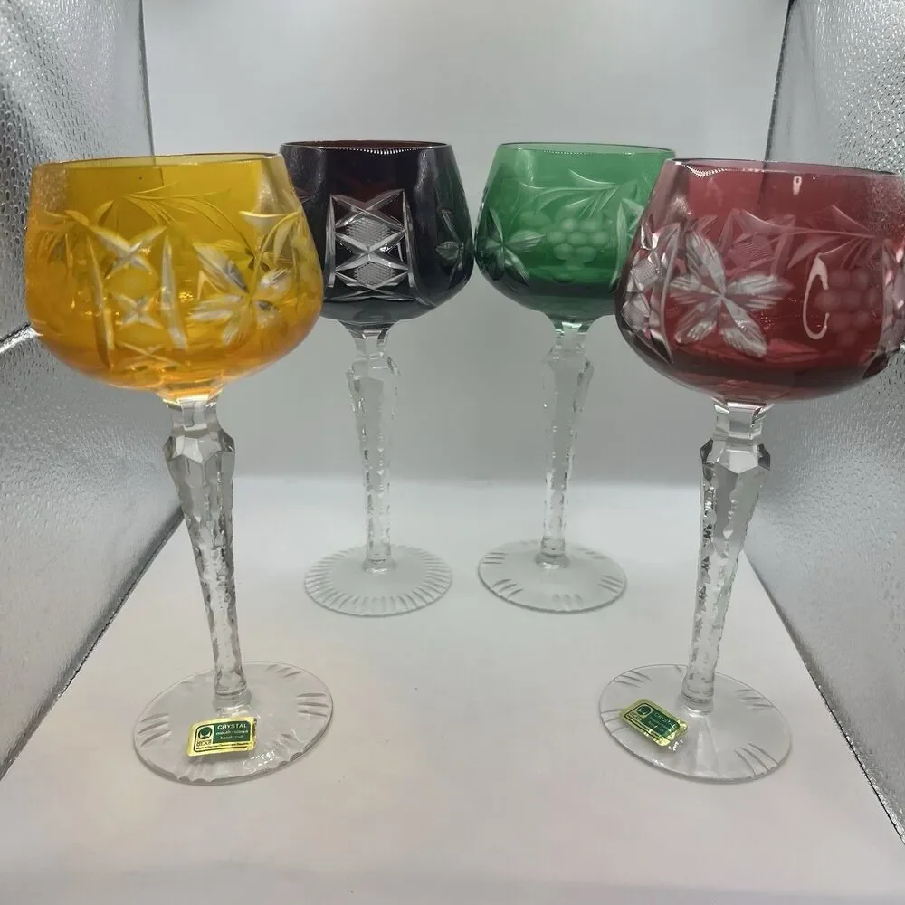 Set of 4 Vintage Hungarian Cut to Clear Crystal Hock Wine Glasses